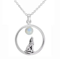 Sterling Silver Rainbow Moonstone Howling Wolf Pendant