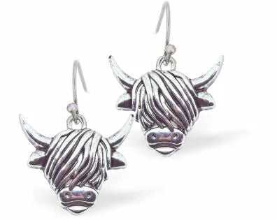 Silver Long Horn Highland Cow Earrings