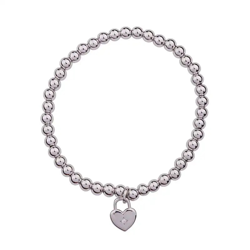 Silver Padlock Heart Beaded Bracelet