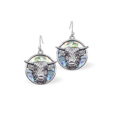 Paua Shell Long Horn Highland Cow Earrings