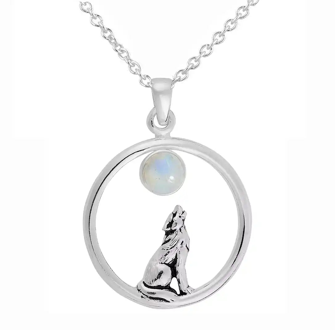 Sterling Silver Rainbow Moonstone Howling Wolf Pendant