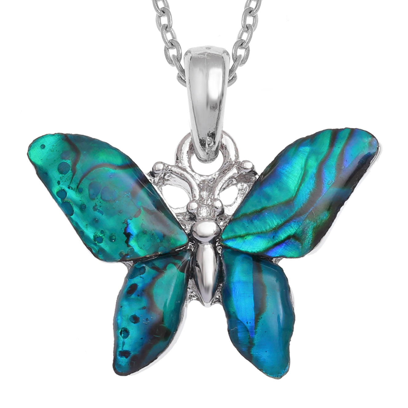 Butterfly-shaped pendant with blue and green iridescent wings on a white background
