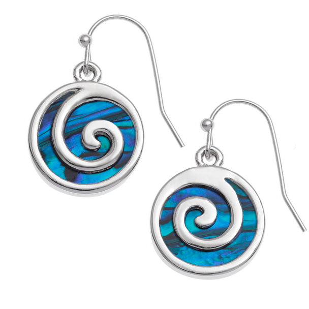 Paua Shell Blue Spiral Circle Earrings