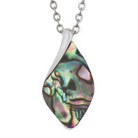 A silver pendant necklace featuring an organic, teardrop-shaped abalone shell inlay with iridescent green, purple, and pink hues, suspended from a silver link chain against a white background.