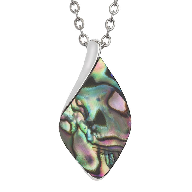 A silver pendant necklace featuring an organic, teardrop-shaped abalone shell inlay with iridescent green, purple, and pink hues, suspended from a silver link chain against a white background.