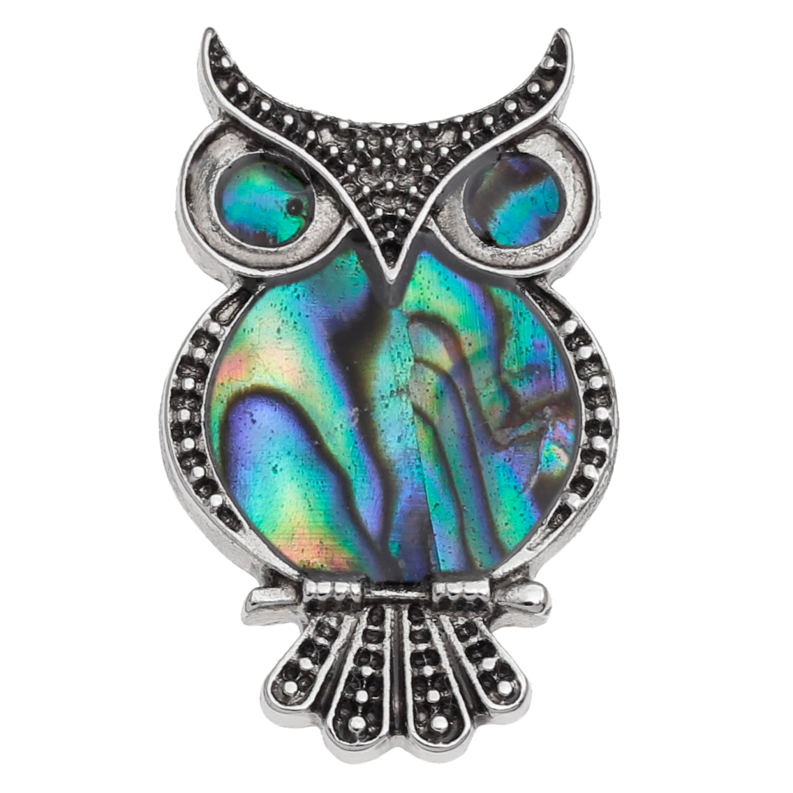 An owl-shaped brooch featuring a vibrant iridescent abalone shell inlay with blue, green, and purple hues, surrounded by textured silver metal.