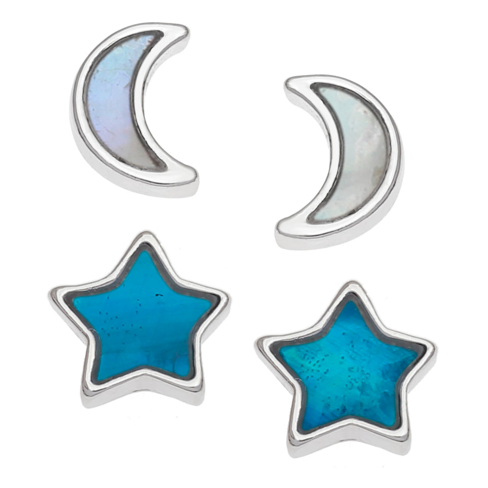 Paua Shell Moon & Stars Two Pairs Stud Earrings