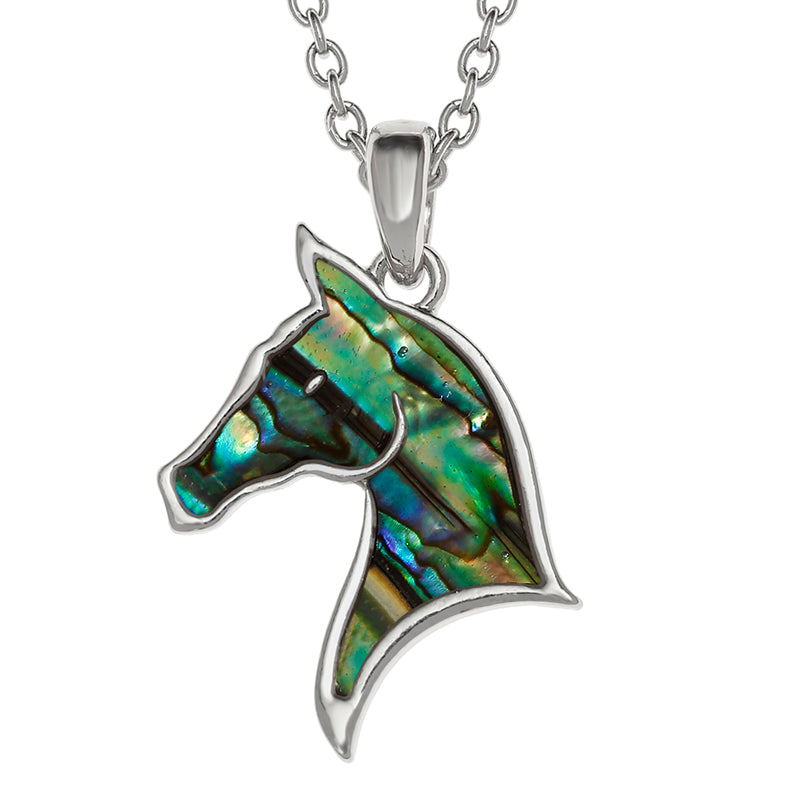 A sterling silver horse head pendant necklace featuring an iridescent abalone shell inlay with shimmering green, blue, and purple hues, suspended from a matching silver link chain against a plain white background.