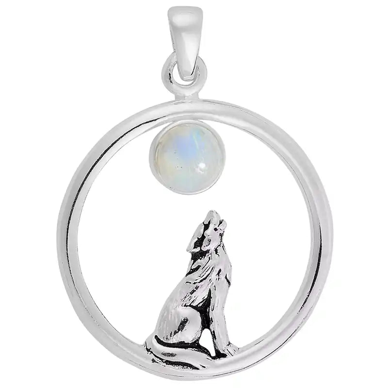 Sterling Silver Rainbow Moonstone Howling Wolf Pendant