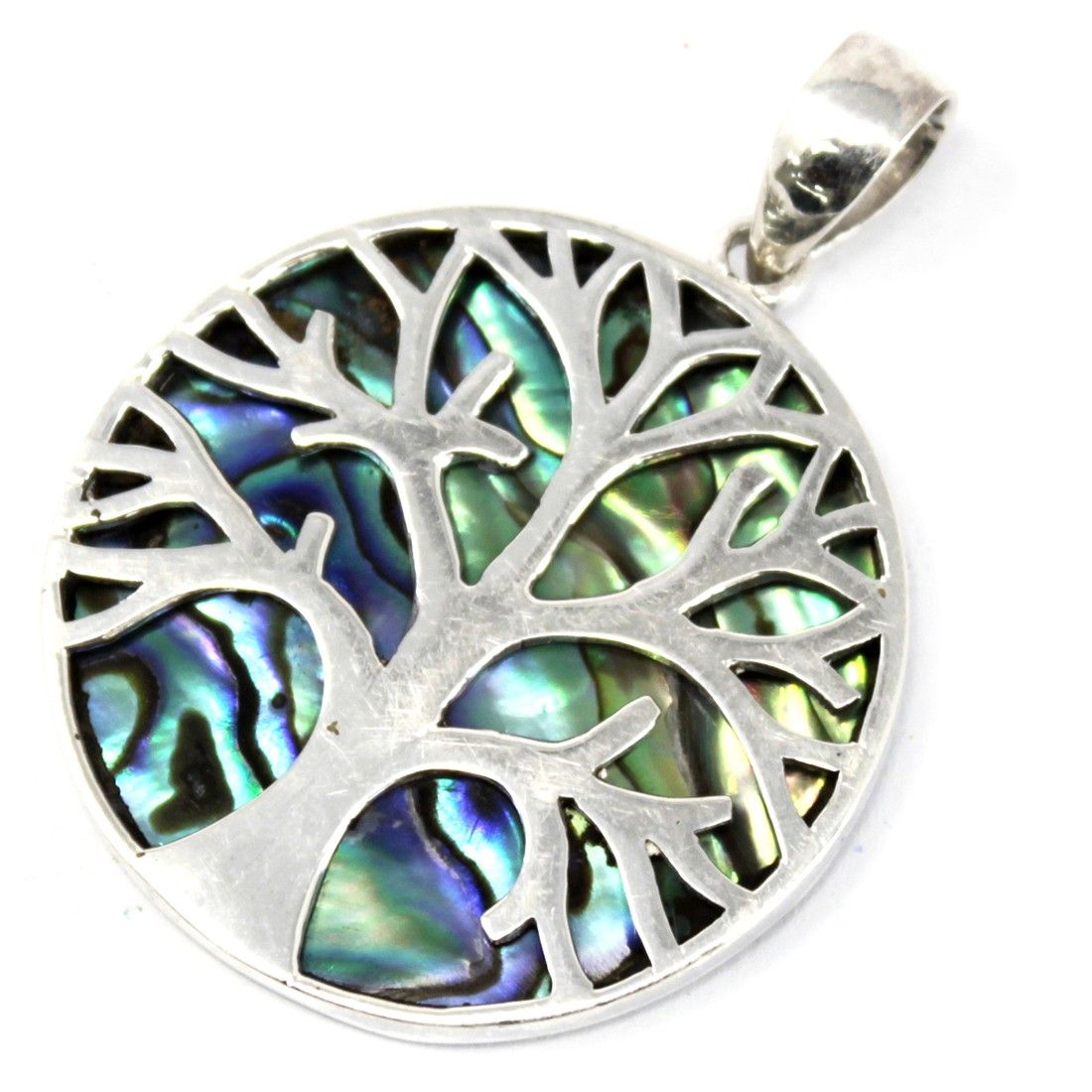 Paua Shell Tree of Life Silver Pendant 30mm