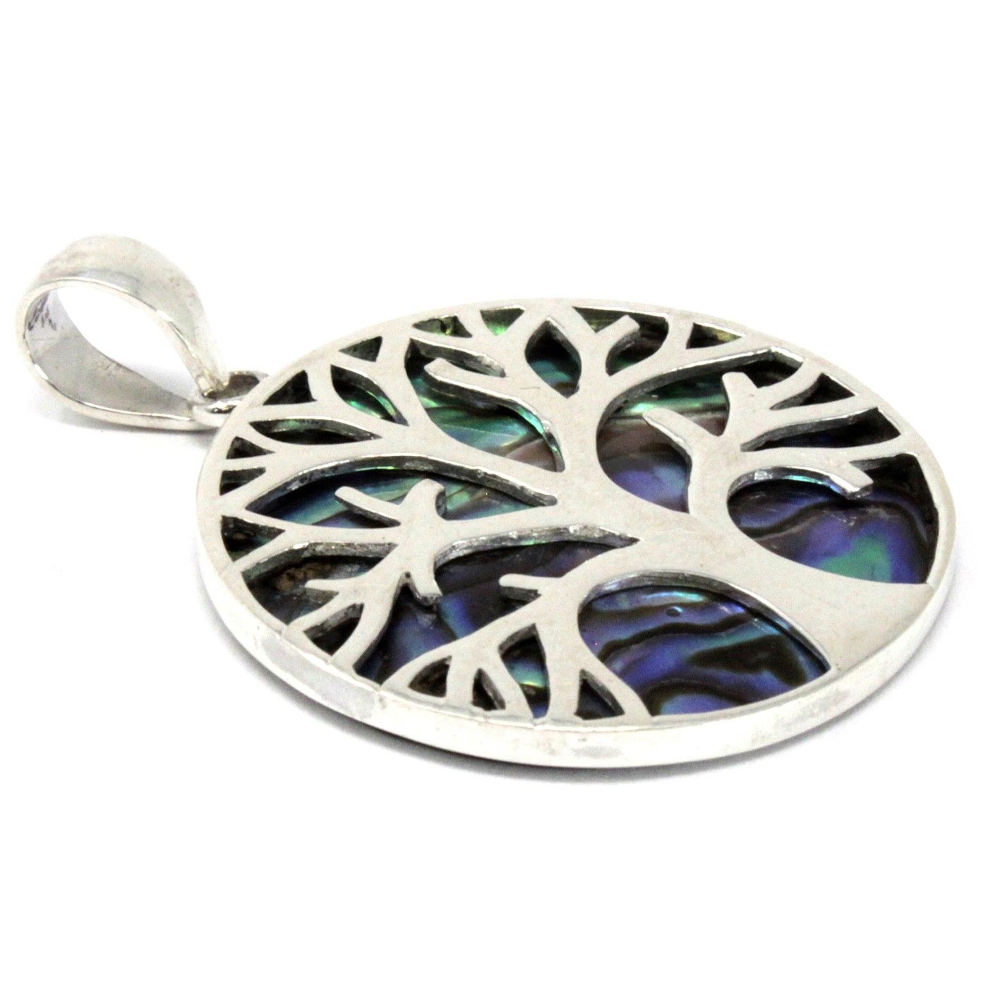 Paua Shell Tree of Life Silver Pendant 30mm