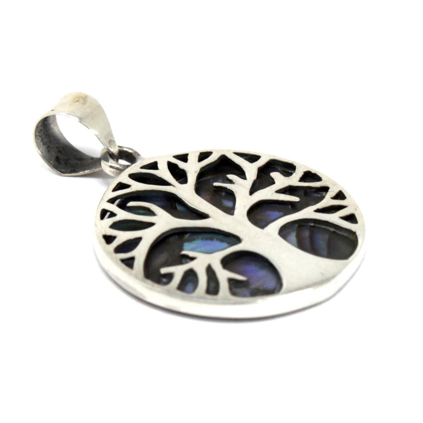 Paua Shell Tree of Life Silver Pendant 22mm