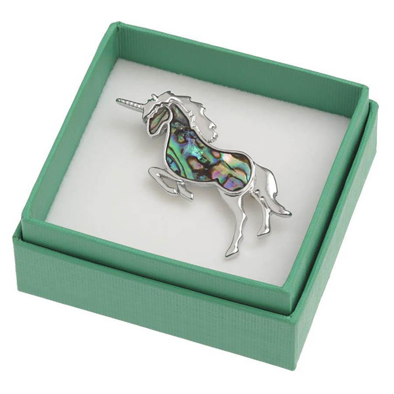 Paua Shell Silver Unicorn Brooch Boxed