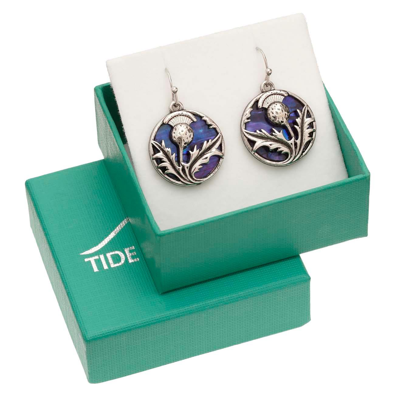 Paua Shell Purple Celtic Thistle Earrings Boxed