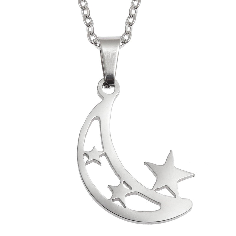 Crescent Moon and Stars Necklace & Earring Set in Stainless Steel Box 1