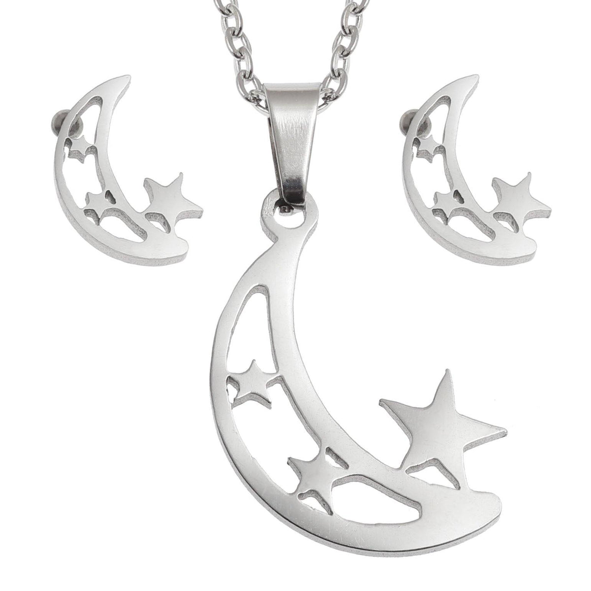 Crescent Moon and Stars Necklace Earring Set in Stainless Steel