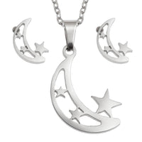 Crescent Moon and Stars Necklace & Earring Set in Stainless Steel