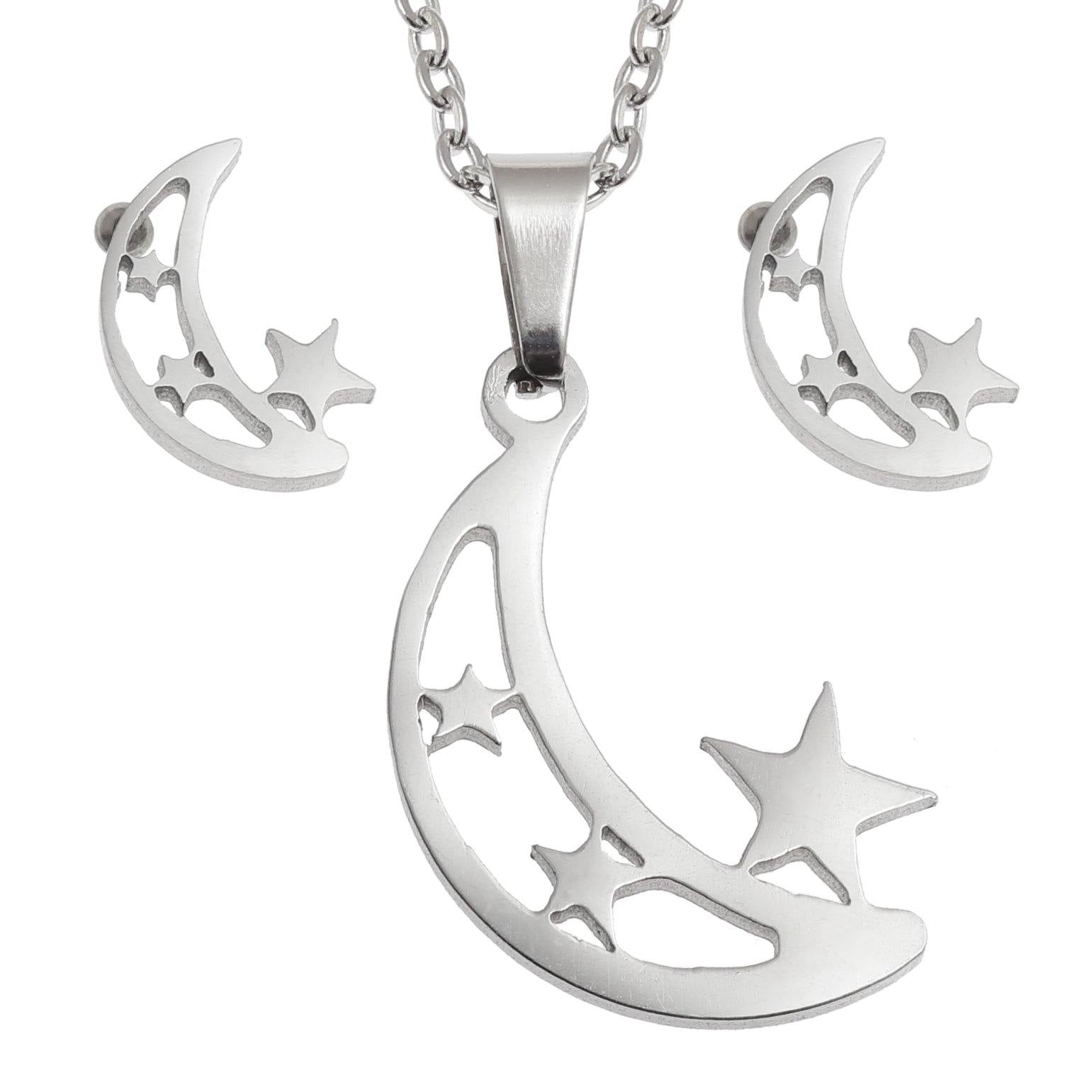 Crescent Moon and Stars Necklace & Earring Set in Stainless Steel